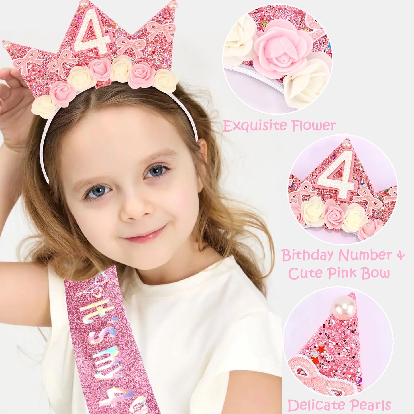 Atoden 4 Year Old Birthday Headband & Sash – Glitter Flower Crown for Girls