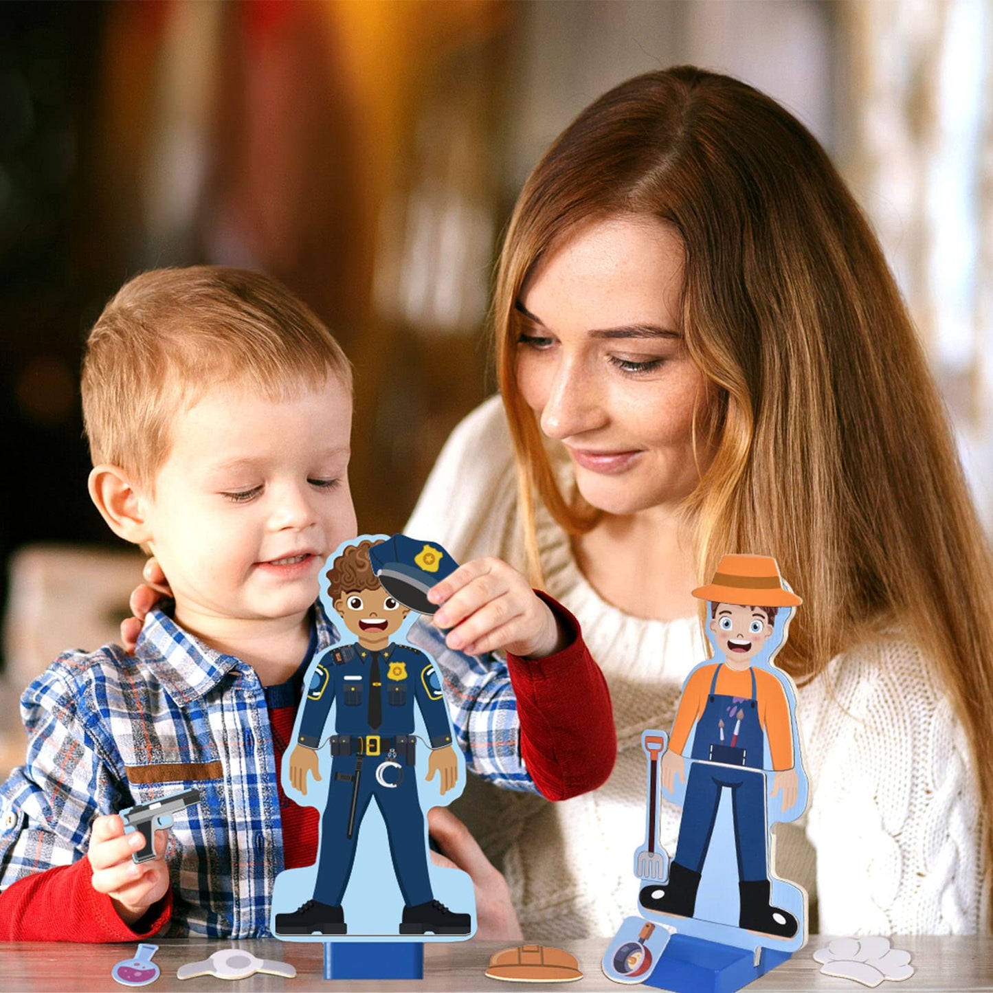 Atoylink Wooden Magnetic Dress Up Dolls Set – 40+ Pieces, Occupations & Fridge Magnets