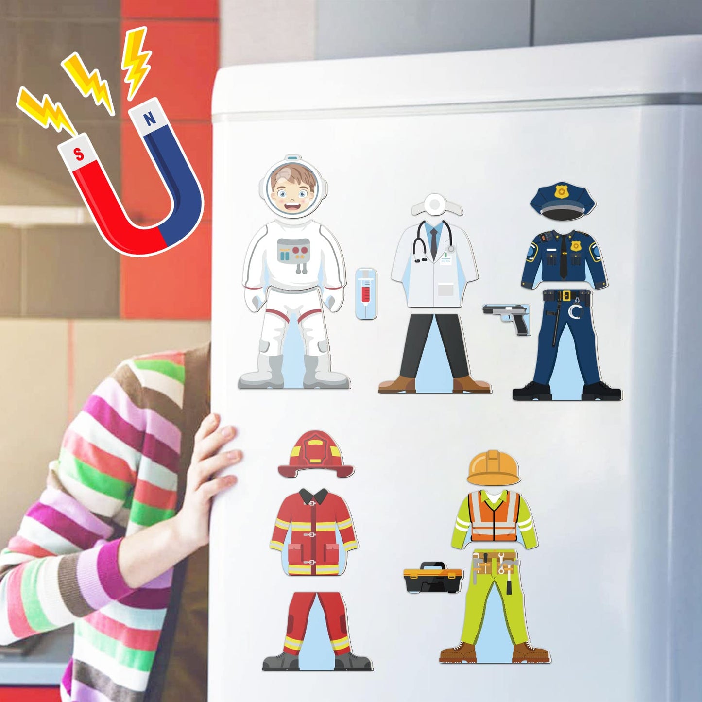 Atoylink Wooden Magnetic Dress Up Dolls Set – 40+ Pieces, Occupations & Fridge Magnets
