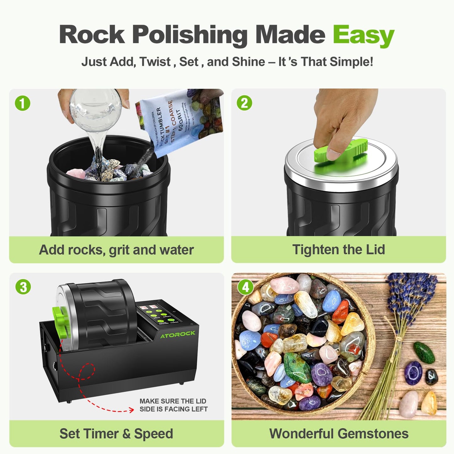 AtoRock A1 Professional Rock Tumbler Kit — 4lb Barrel, Brushless Motor, 9-Day Timer