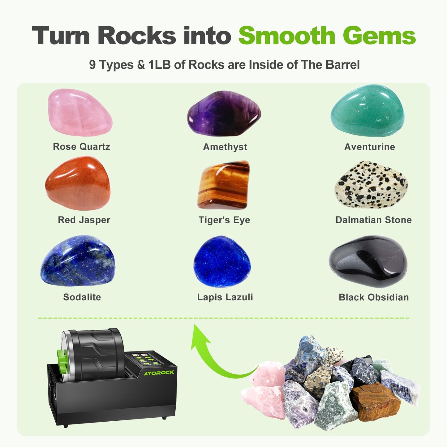AtoRock A1 Professional Rock Tumbler Kit — 4lb Barrel, Brushless Motor, 9-Day Timer