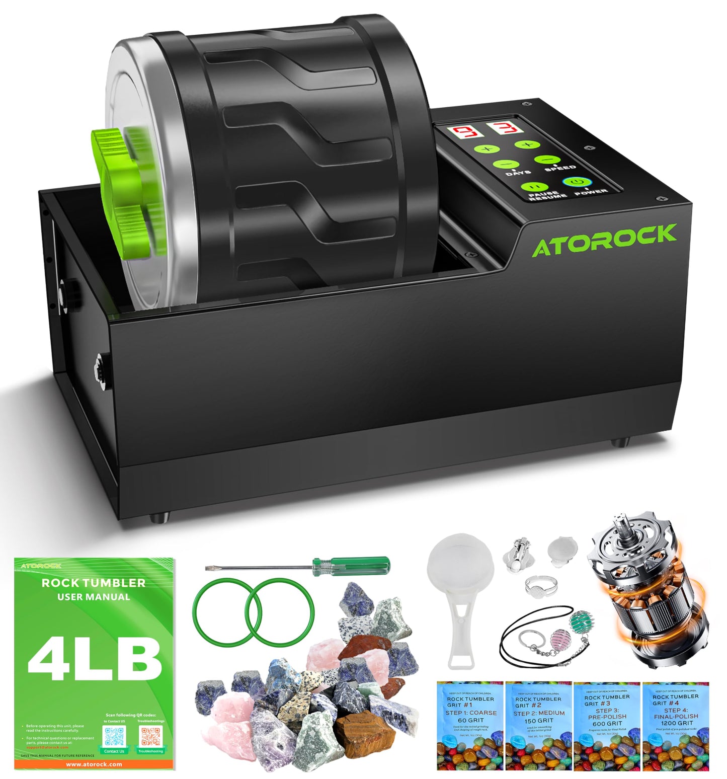AtoRock A1 Professional Rock Tumbler Kit — 4lb Barrel, Brushless Motor, 9-Day Timer