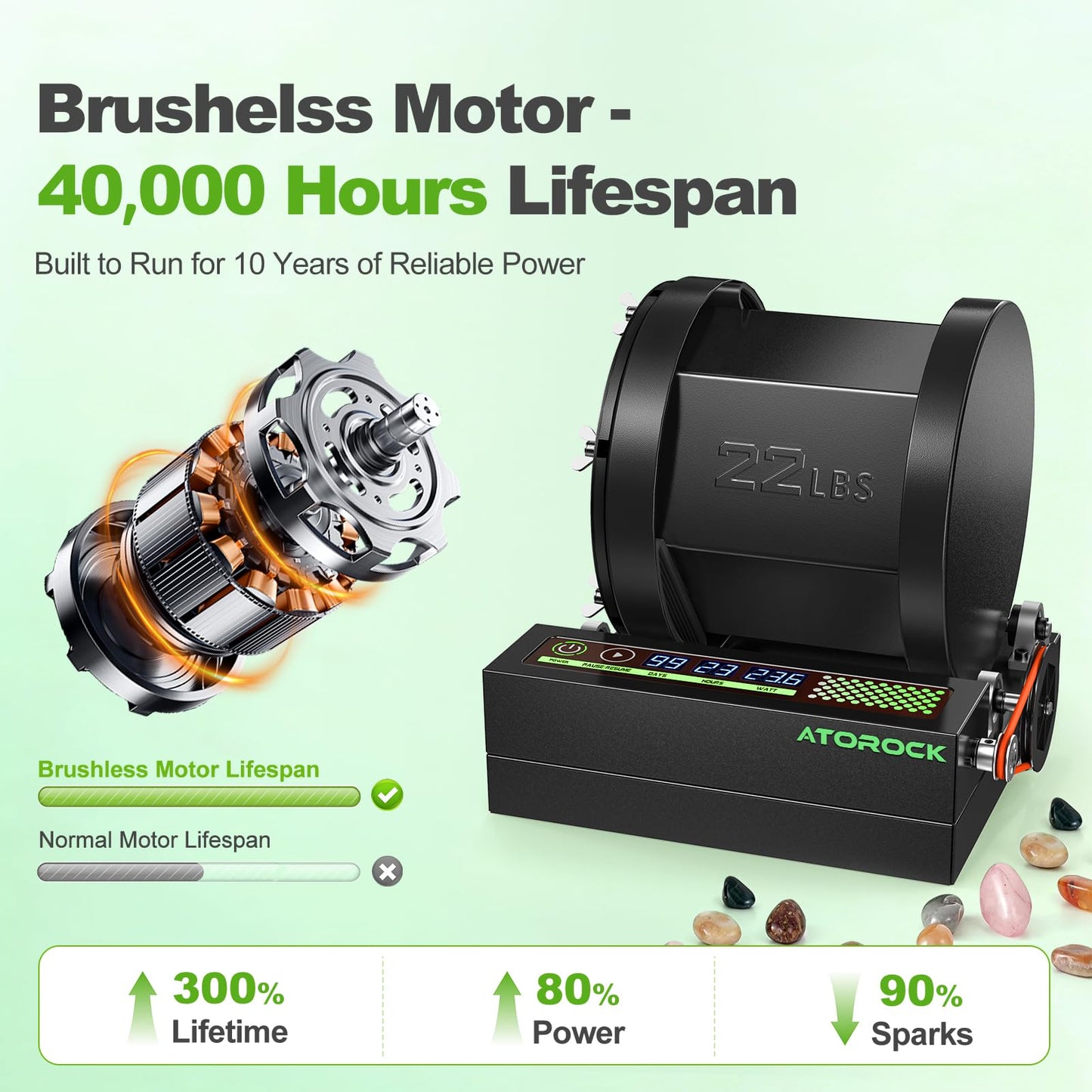 AtoRock A3 Professional Rock Tumbler Kit — 22lb Barrel, Brushless Motor, Real-Time Display