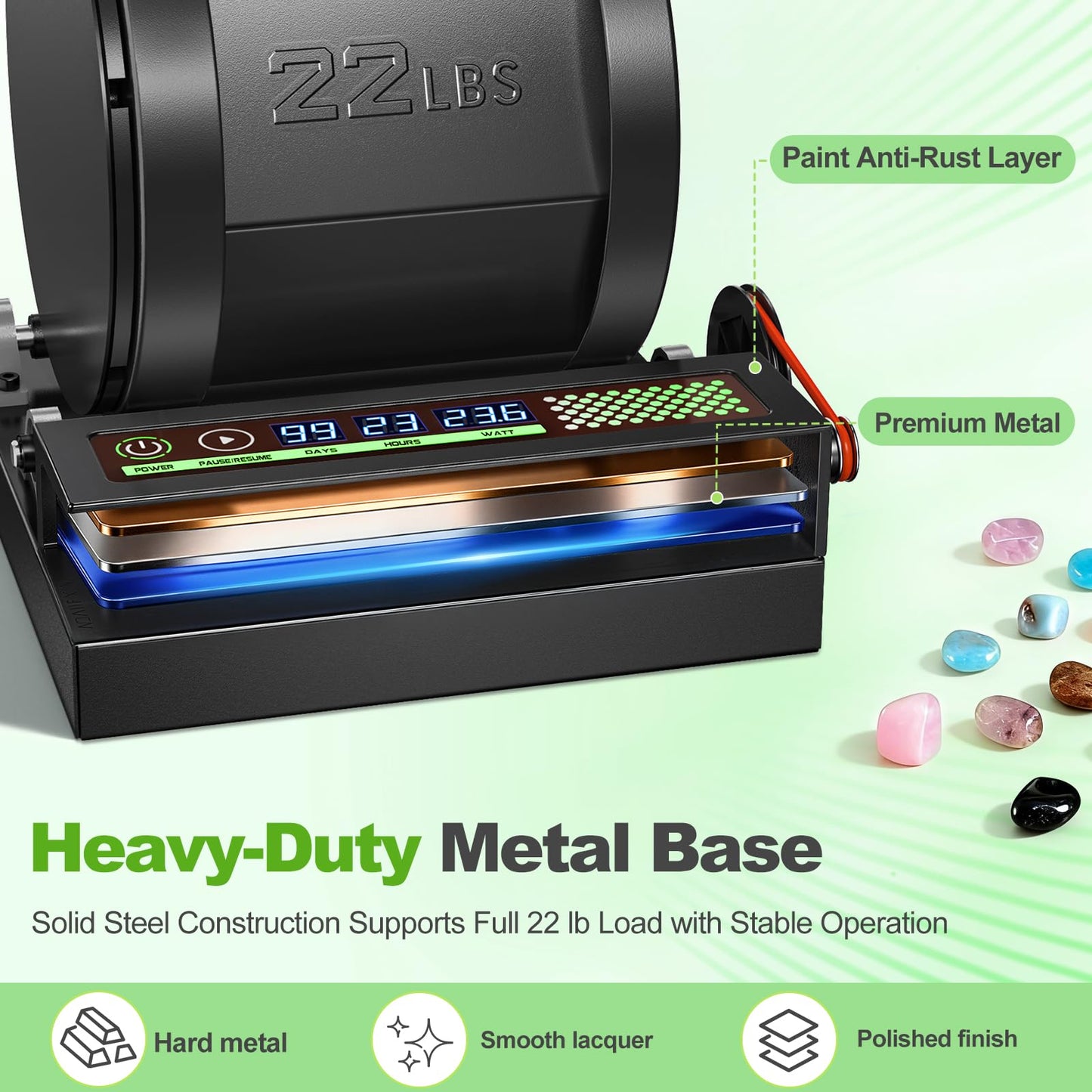 AtoRock A3 Professional Rock Tumbler Kit — 22lb Barrel, Brushless Motor, Real-Time Display