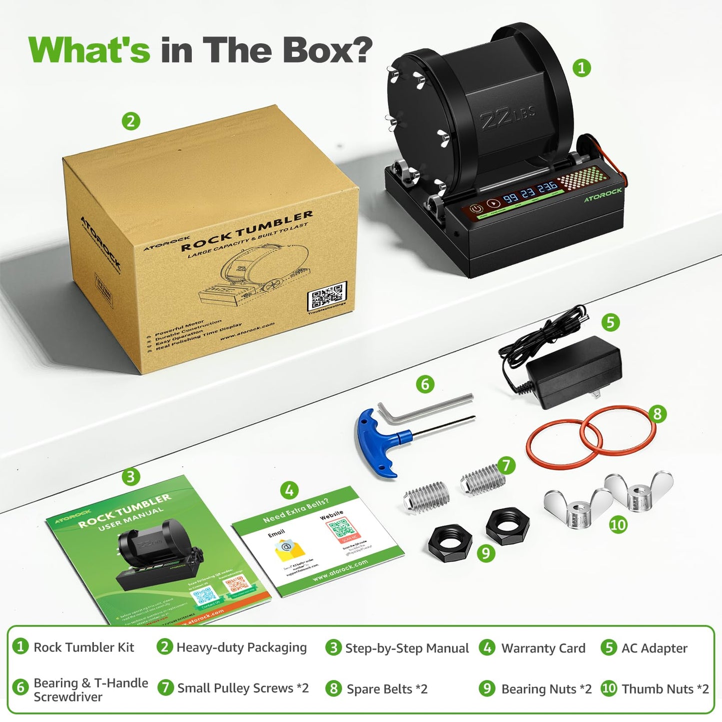 AtoRock A3 Professional Rock Tumbler Kit — 22lb Barrel, Brushless Motor, Real-Time Display