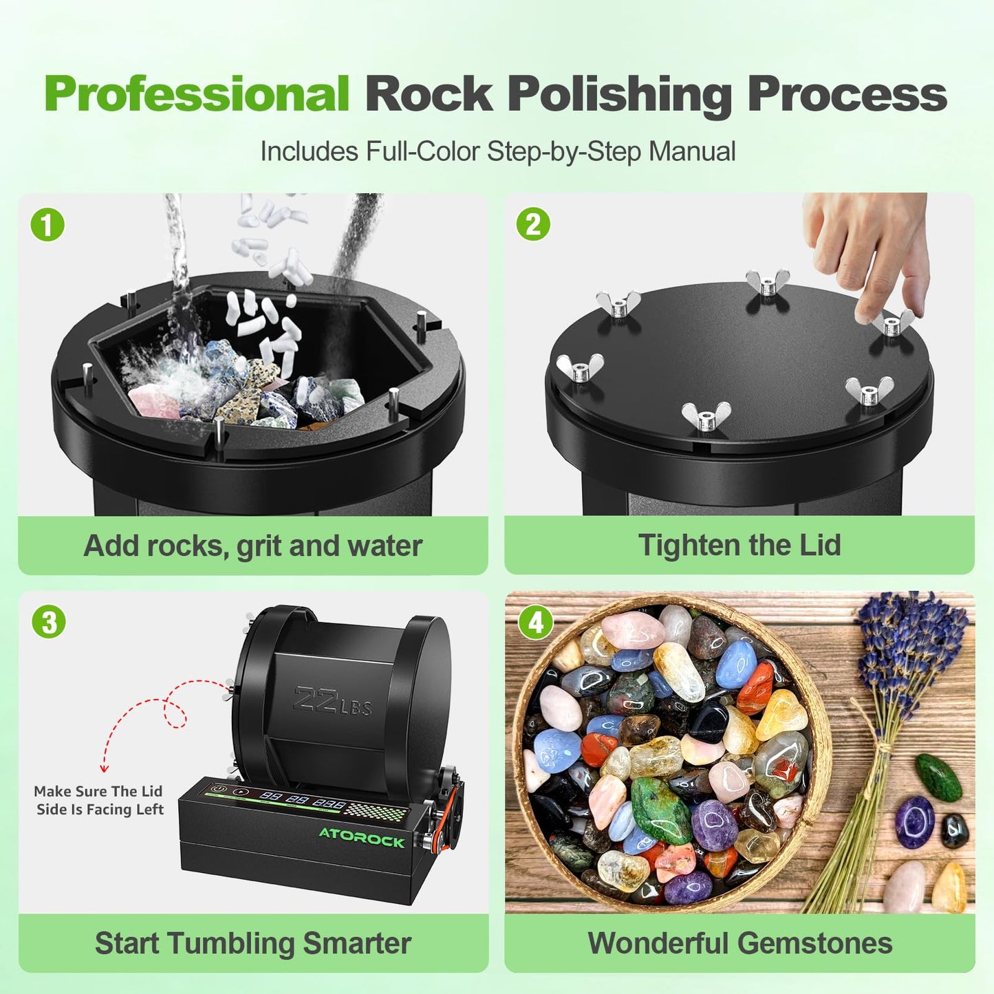 AtoRock A3 Professional Rock Tumbler Kit — 22lb Barrel, Brushless Motor, Real-Time Display