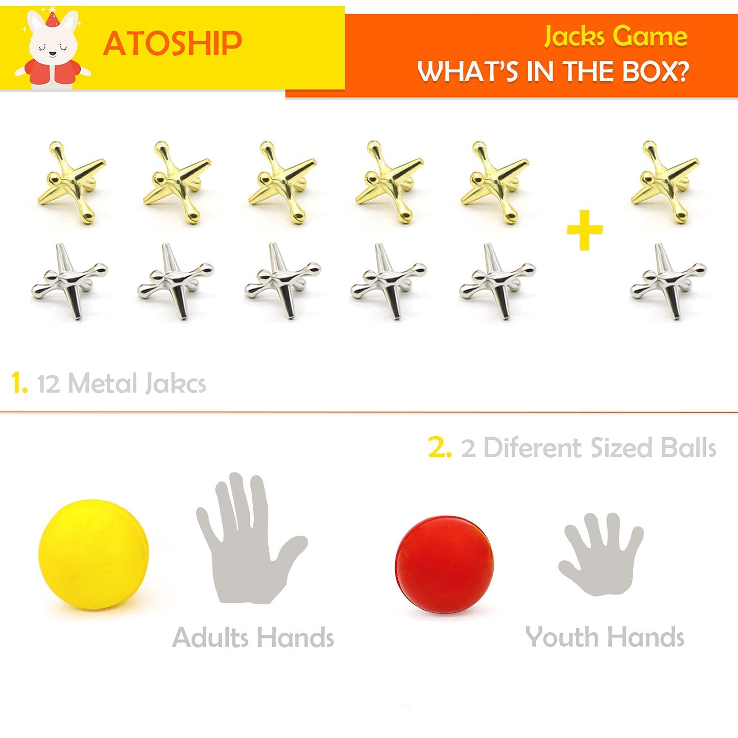 ATOSHP Jacks Game with Balls – 12 Metal Jacks & 2 Balls
