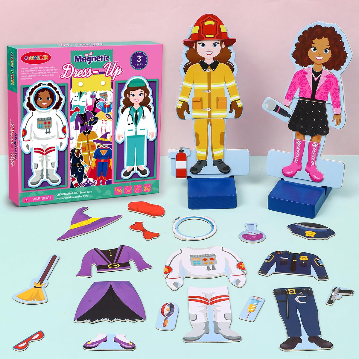 Atoylink Wooden Magnetic Dress Up Dolls – Pretend Play Set for Girls, Princess & Jobs