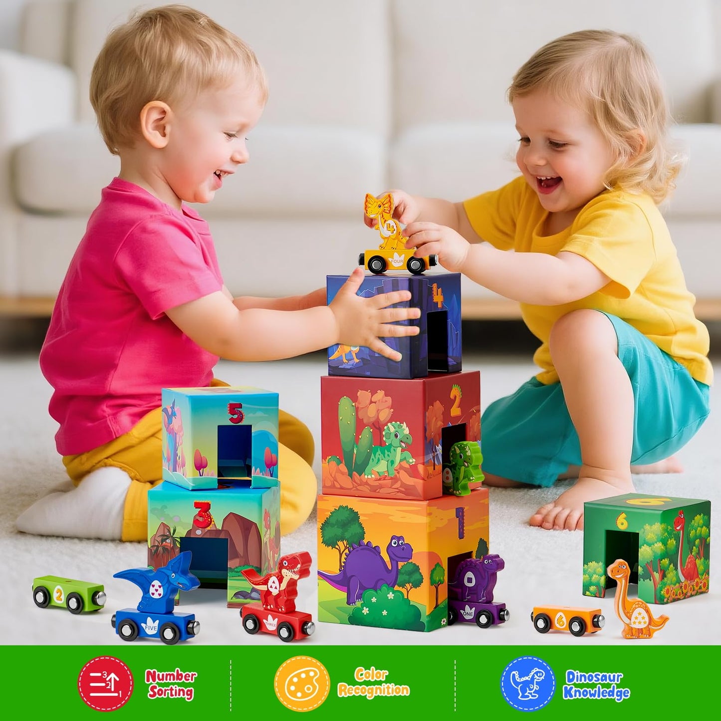 Atoylink Toddler Dinosaur Sorting and Stacking Toys – Magnetic Wooden Train Set for 1-3 Year Olds