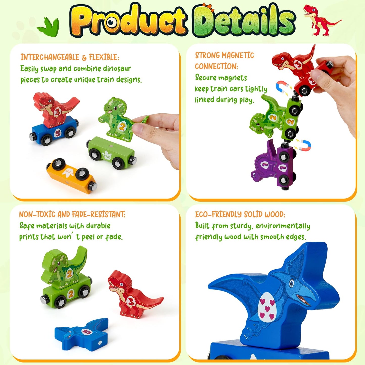 Atoylink Toddler Dinosaur Sorting and Stacking Toys – Magnetic Wooden Train Set for 1-3 Year Olds