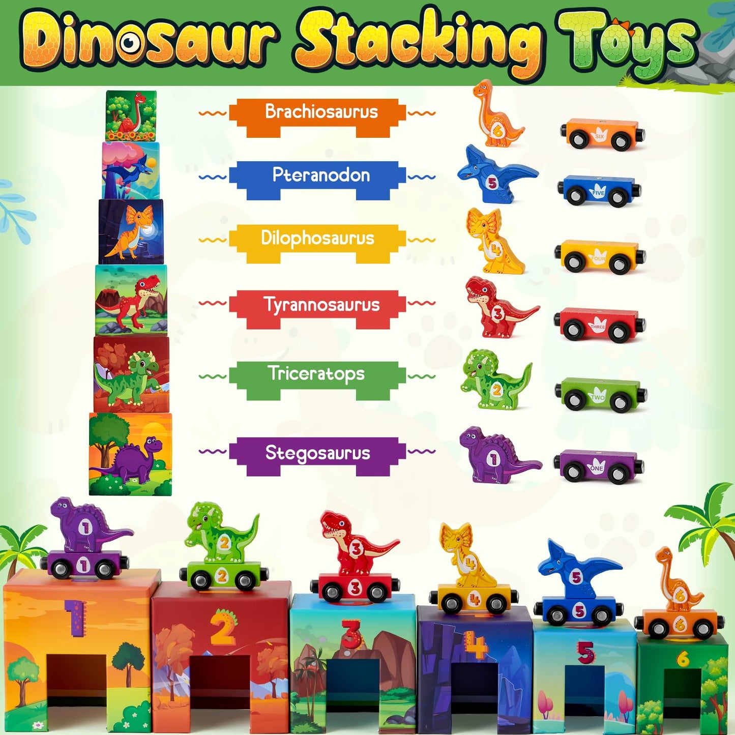 Atoylink Toddler Dinosaur Sorting and Stacking Toys – Magnetic Wooden Train Set for 1-3 Year Olds