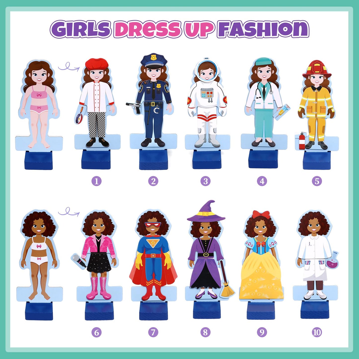 Atoylink Wooden Magnetic Dress Up Dolls – Pretend Play Set for Girls, Princess & Jobs