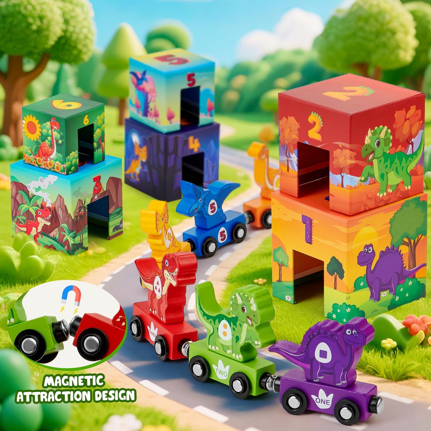 Atoylink Toddler Dinosaur Sorting and Stacking Toys – Magnetic Wooden Train Set for 1-3 Year Olds