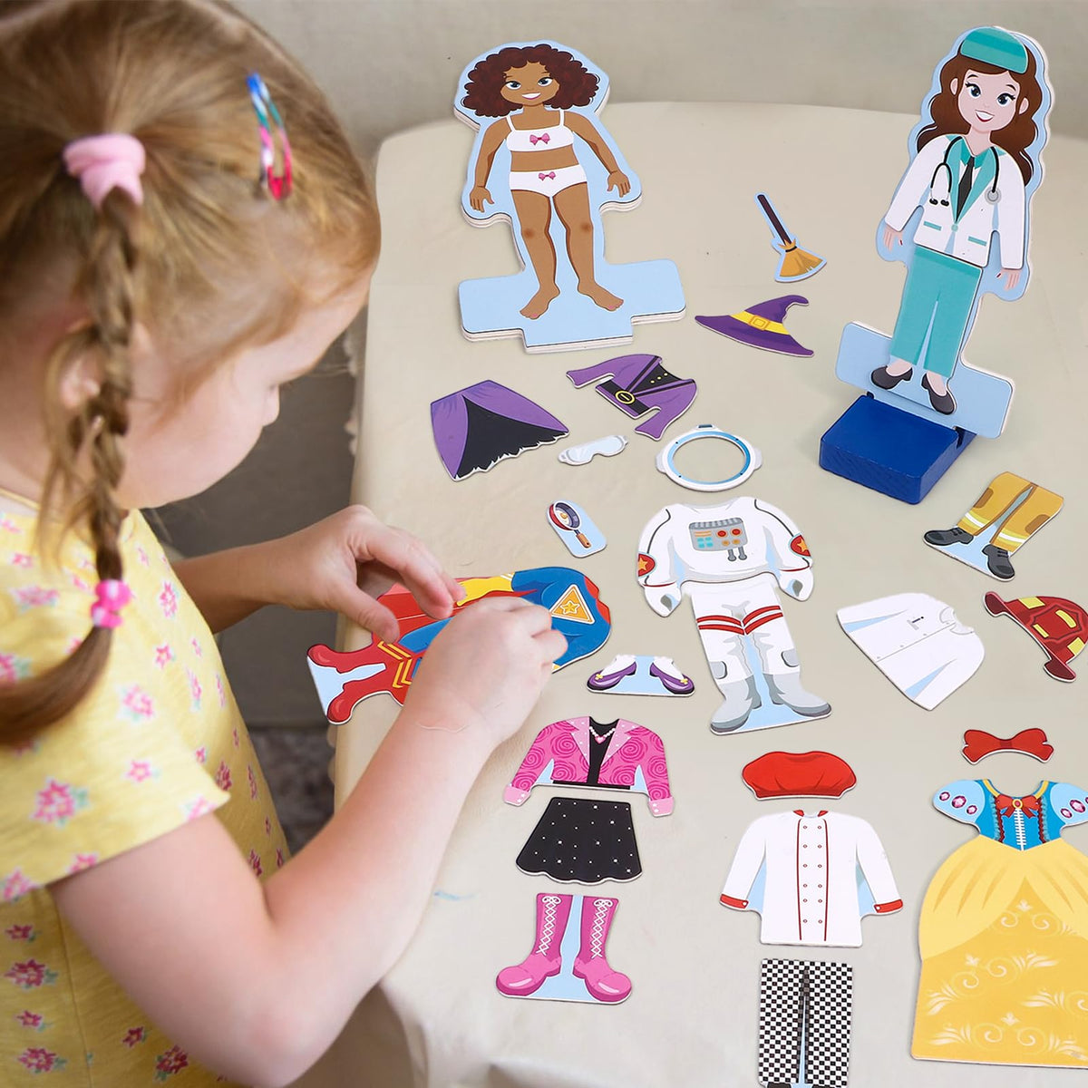 Atoylink Wooden Magnetic Dress Up Dolls – Pretend Play Set for Girls, Princess & Jobs