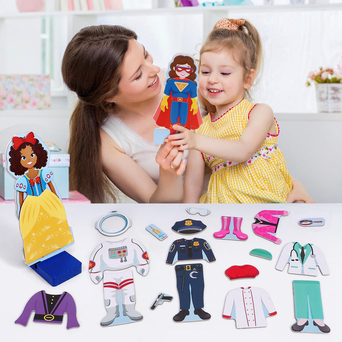 Atoylink Wooden Magnetic Dress Up Dolls – Pretend Play Set for Girls, Princess & Jobs
