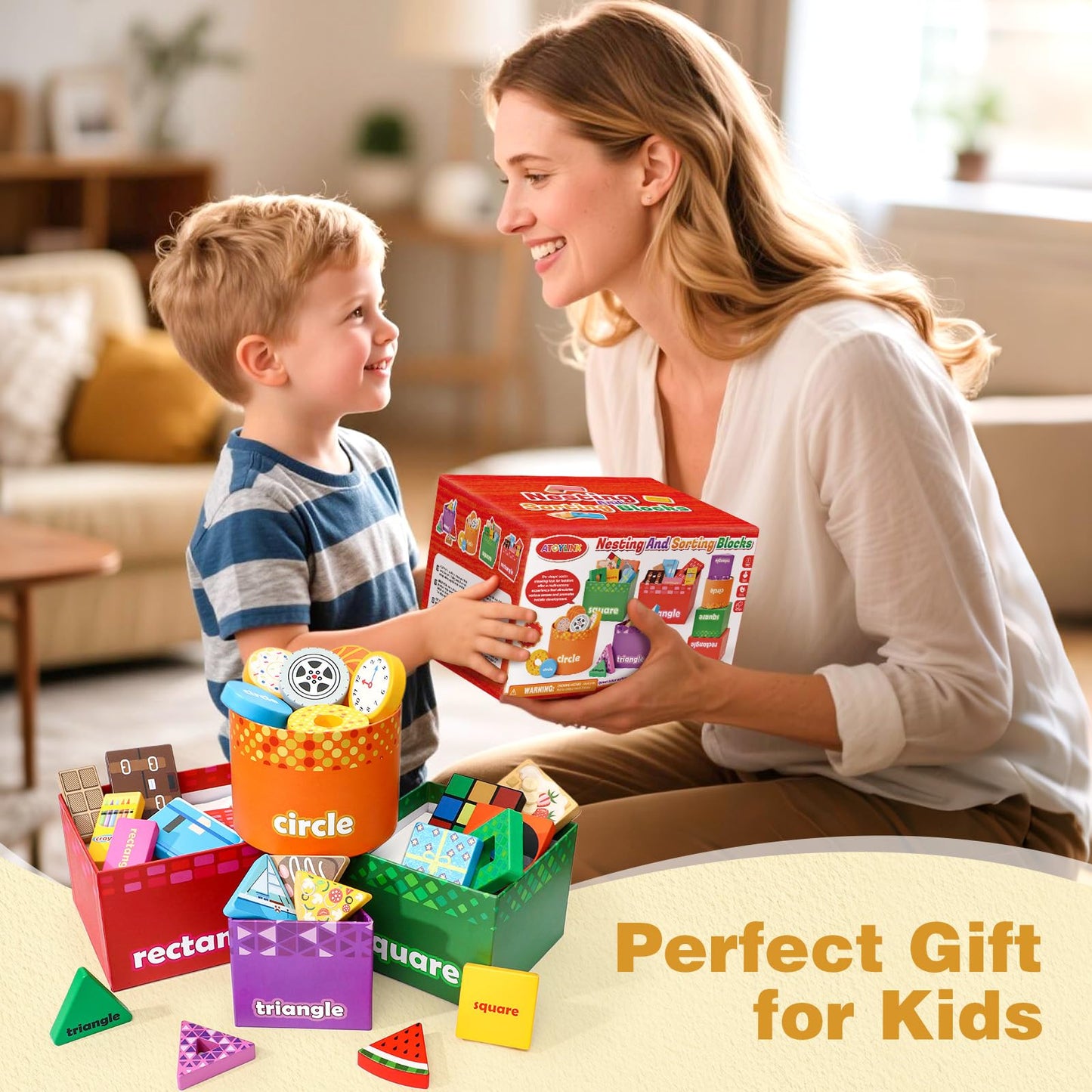 Atoylink Montessori Shape Sorter for Toddlers – Wooden Stacking Blocks & Nesting Boxes