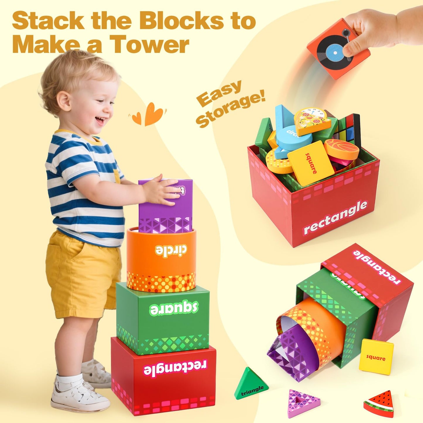 Atoylink Montessori Shape Sorter for Toddlers – Wooden Stacking Blocks & Nesting Boxes
