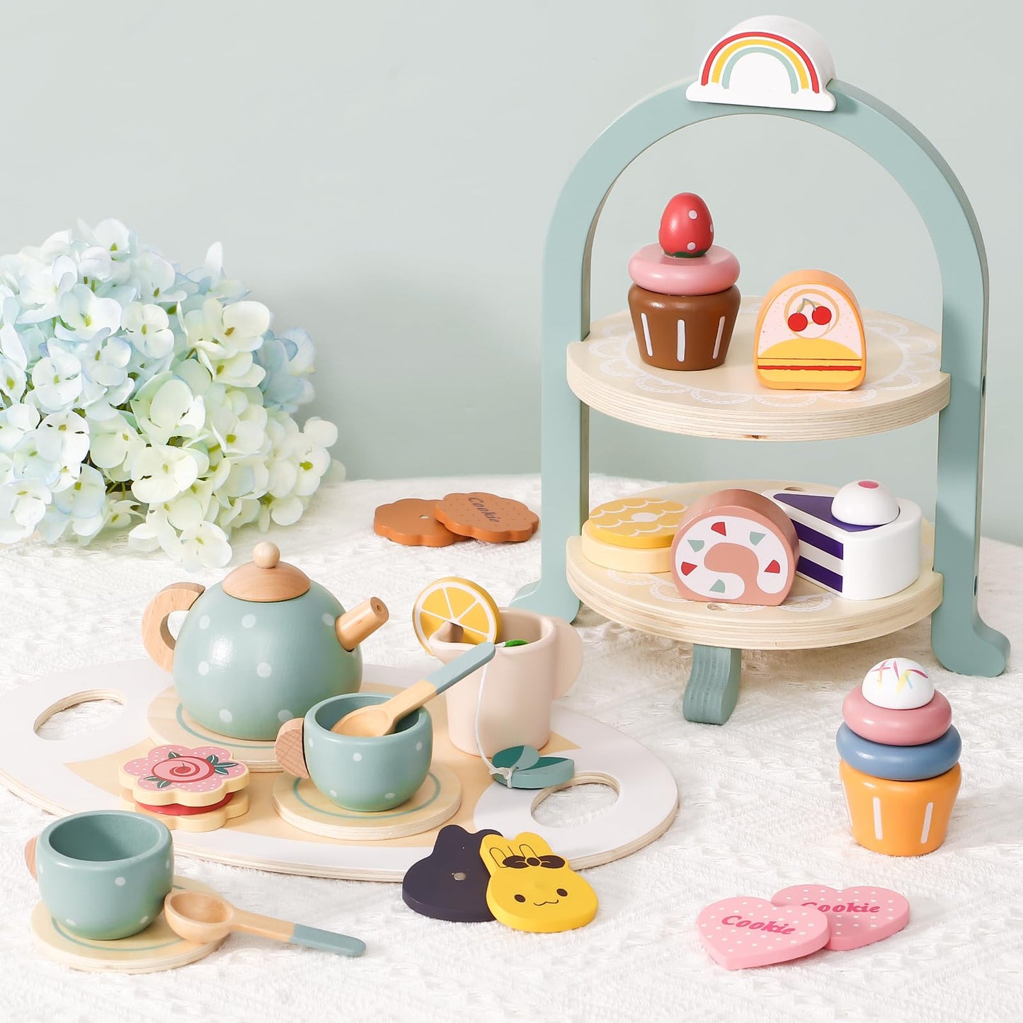 Atoylink Wooden Tea Party Set for Girls – 28-Piece Pretend Play Tea Set with Cupcake Stand