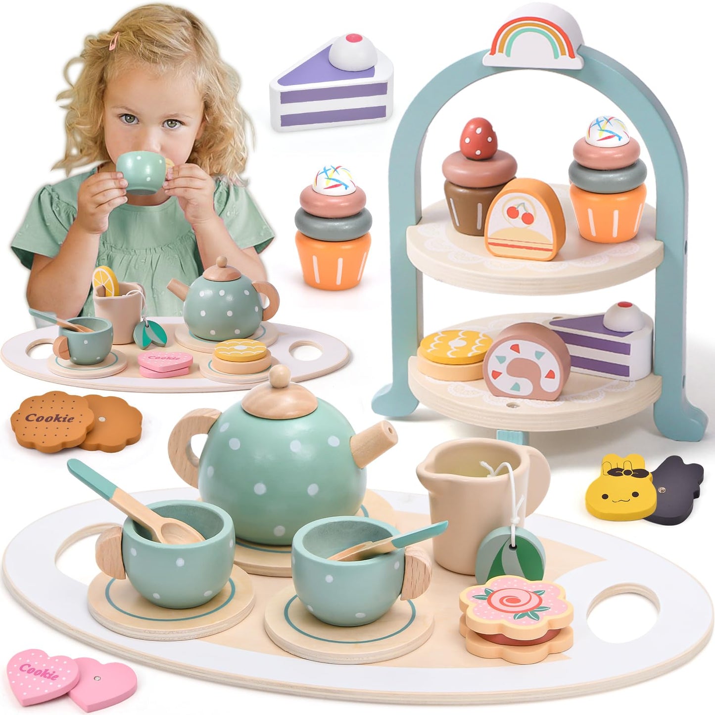 Atoylink Wooden Tea Party Set for Girls – 28-Piece Pretend Play Tea Set with Cupcake Stand