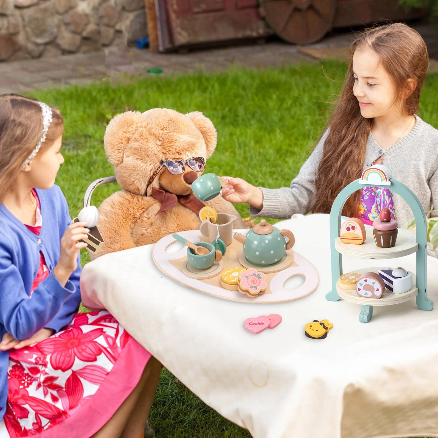 Atoylink Wooden Tea Party Set for Girls – 28-Piece Pretend Play Tea Set with Cupcake Stand