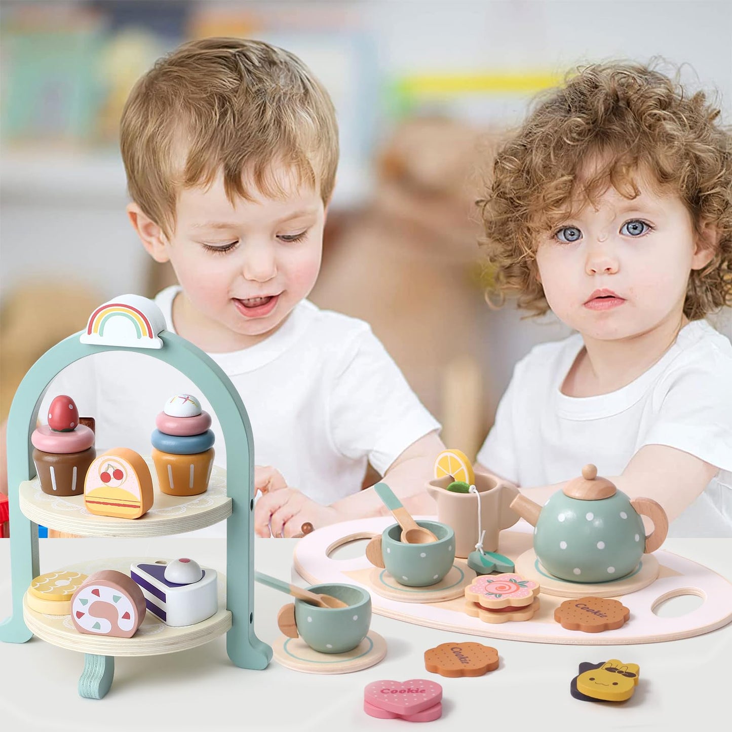 Atoylink Wooden Tea Party Set for Girls – 28-Piece Pretend Play Tea Set with Cupcake Stand