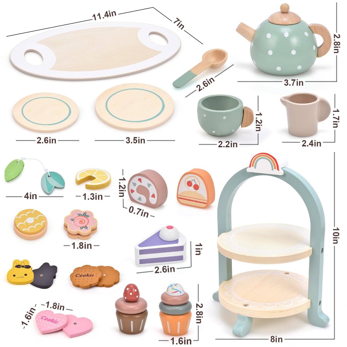 Atoylink Wooden Tea Party Set for Girls – 28-Piece Pretend Play Tea Set with Cupcake Stand