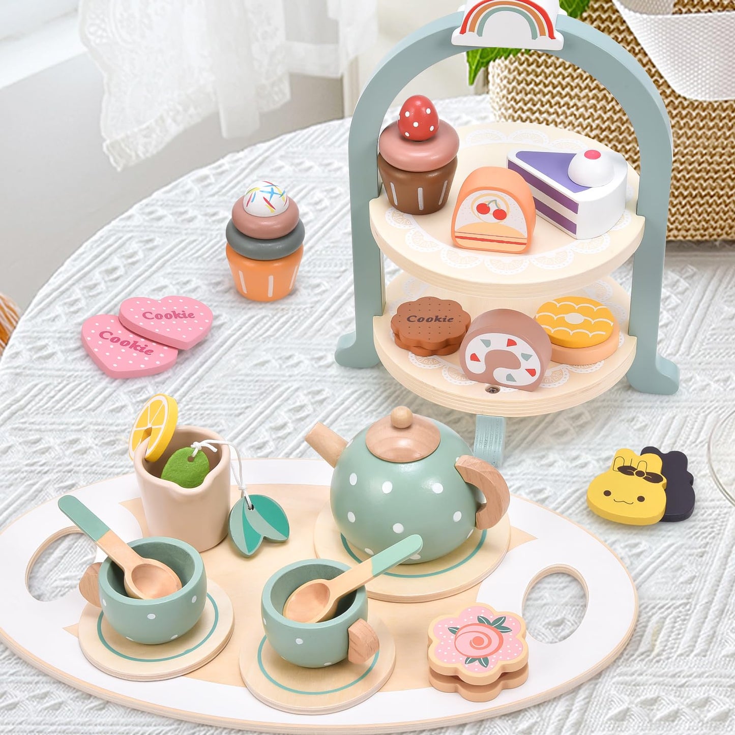 Atoylink Wooden Tea Party Set for Girls – 28-Piece Pretend Play Tea Set with Cupcake Stand