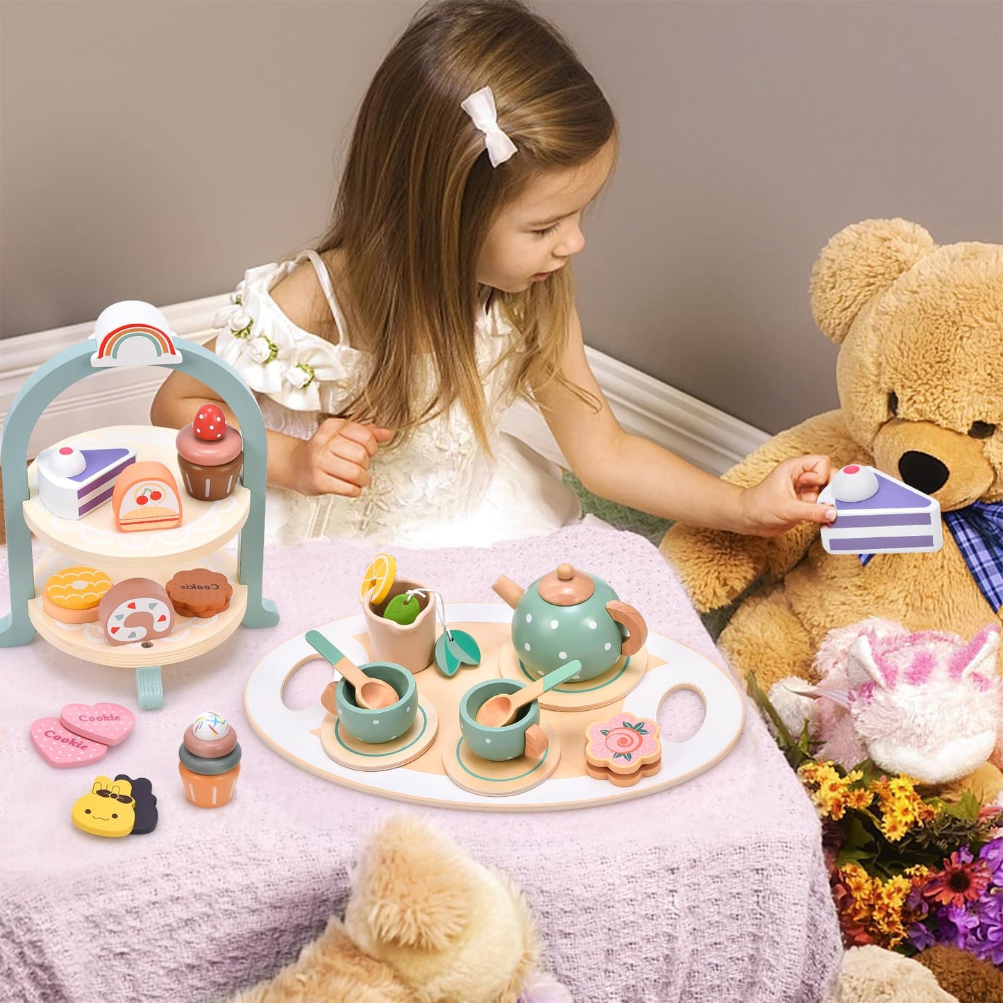 Atoylink Wooden Tea Party Set for Girls – 28-Piece Pretend Play Tea Set with Cupcake Stand