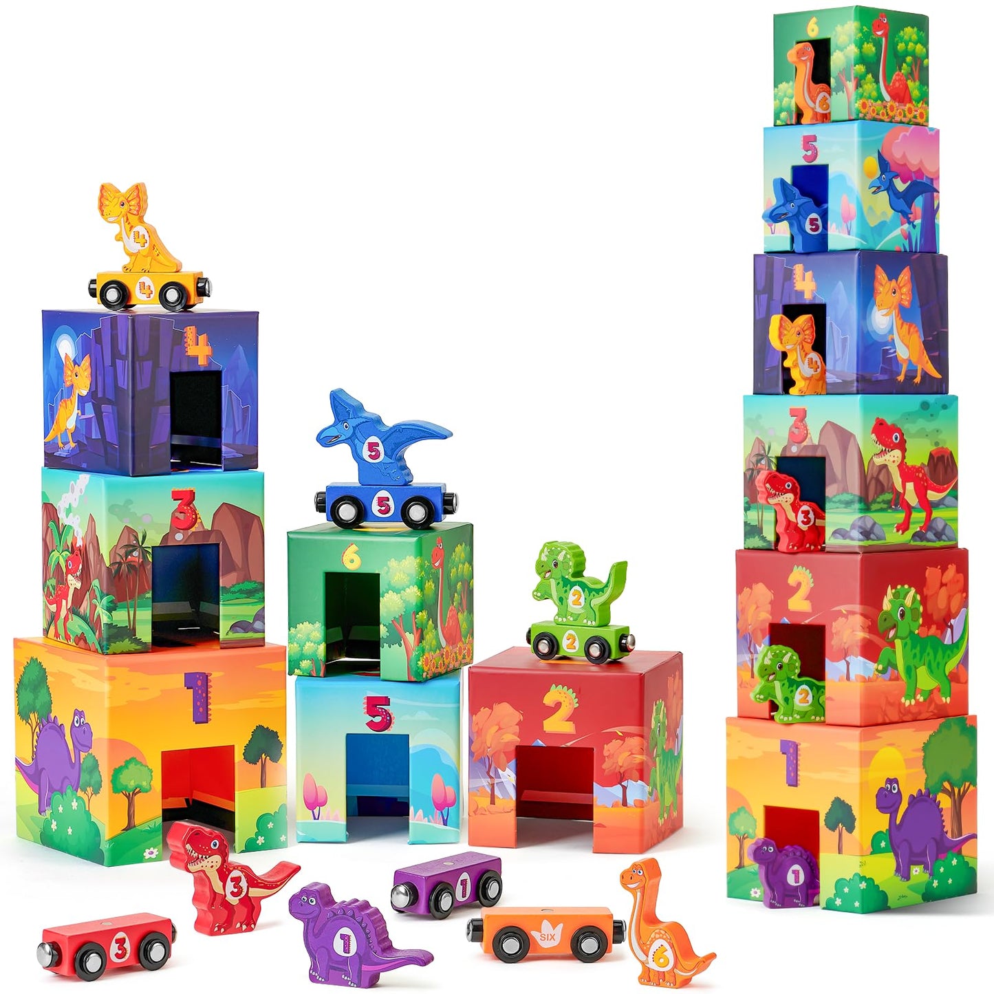 Atoylink Toddler Dinosaur Sorting and Stacking Toys – Magnetic Wooden Train Set for 1-3 Year Olds