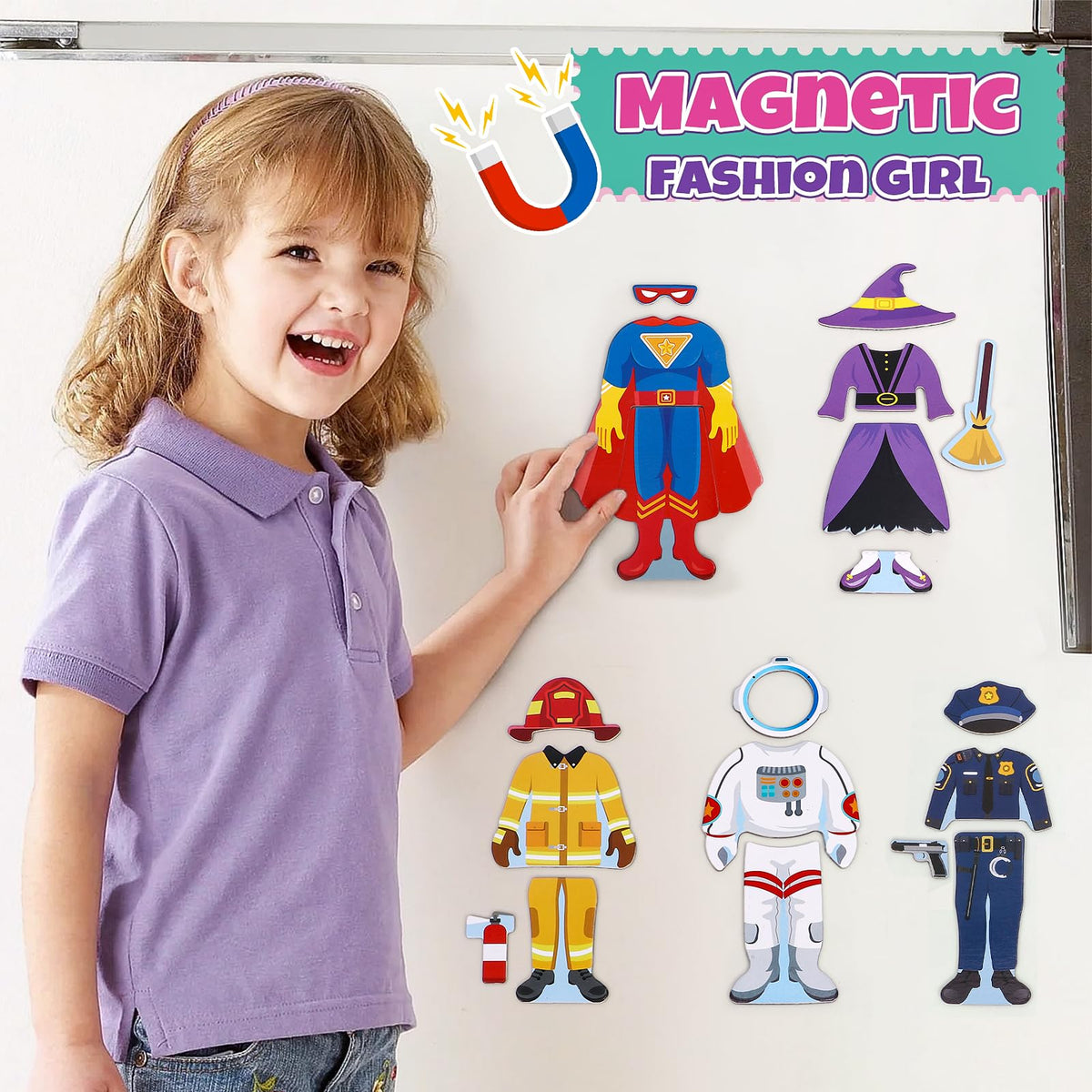 Atoylink Wooden Magnetic Dress Up Dolls – Pretend Play Set for Girls, Princess & Jobs