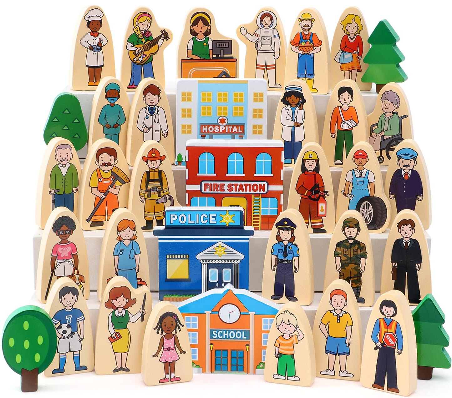 Atoylink 36Pcs Wooden Community Helpers – Pretend Play Toys for Kids Aged 3-6