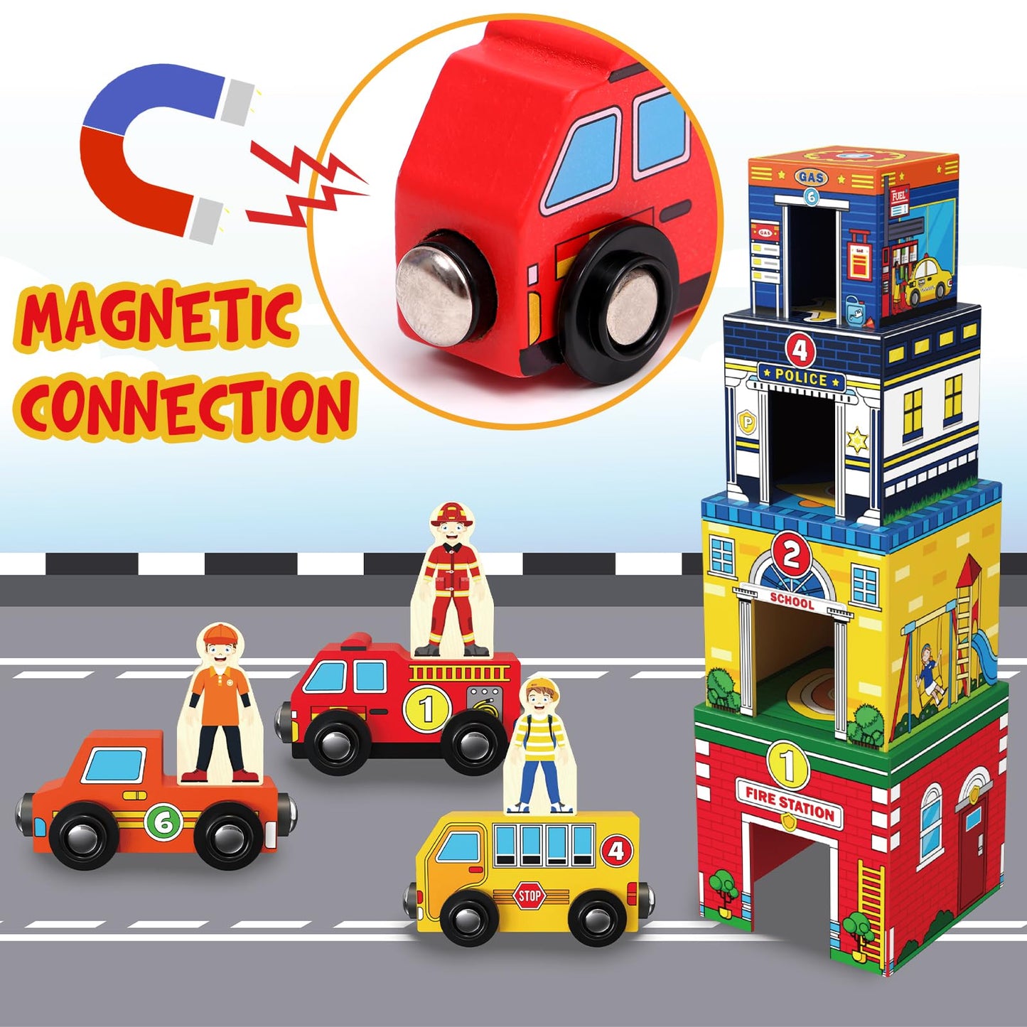 Atoylink Toddler Sorting & Stacking Toys – Magnetic Wooden Cars & Helpers