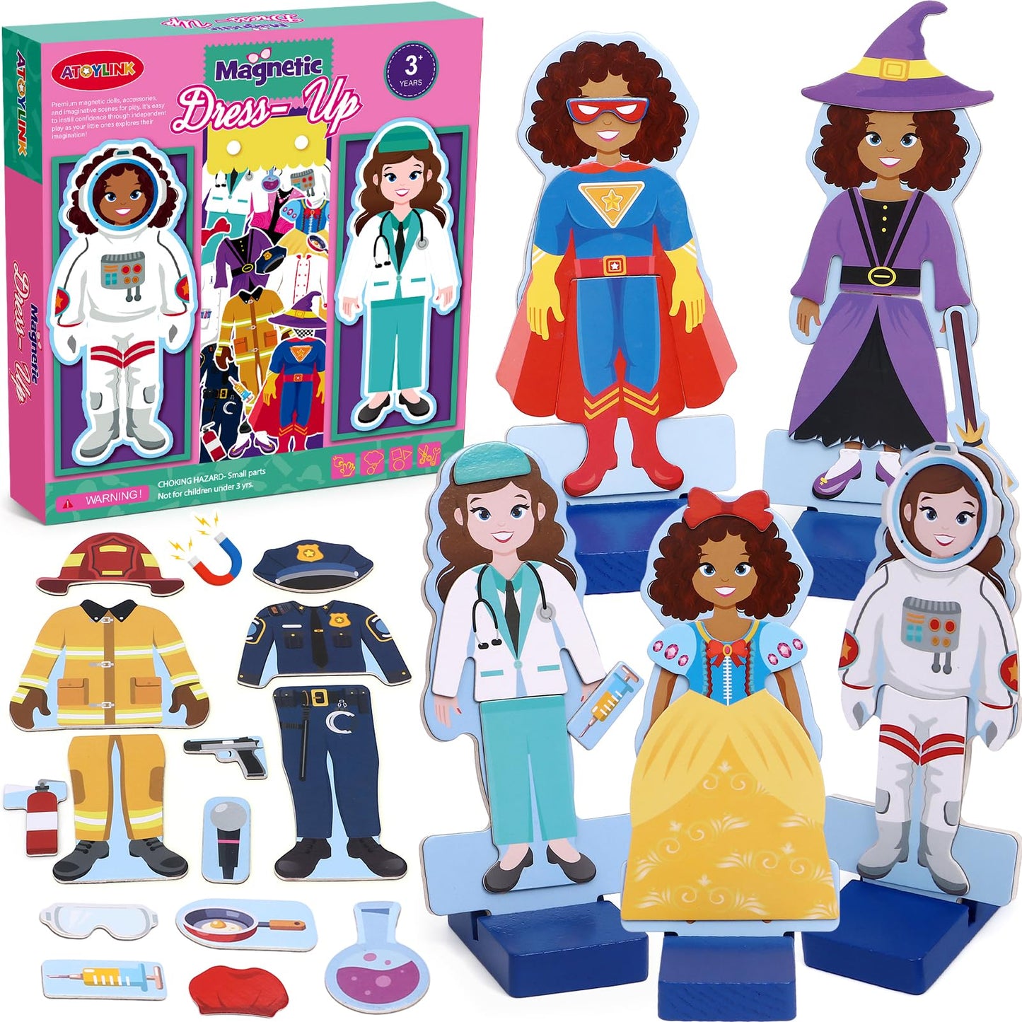 Atoylink Wooden Magnetic Dress Up Dolls – Pretend Play Set for Girls, Princess & Jobs