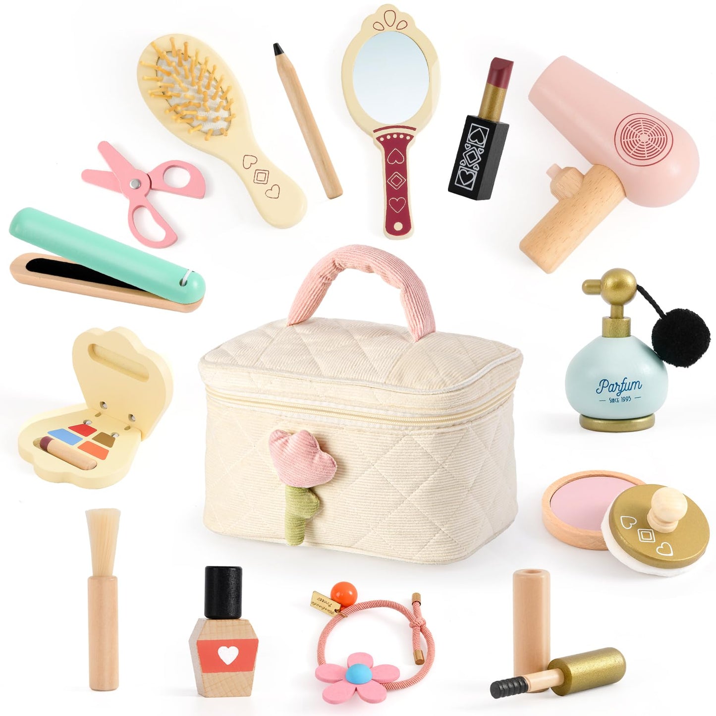 Atoylink Wooden Makeup Toy Set - 15-Piece Pretend Play Hair Salon Kit for Girls