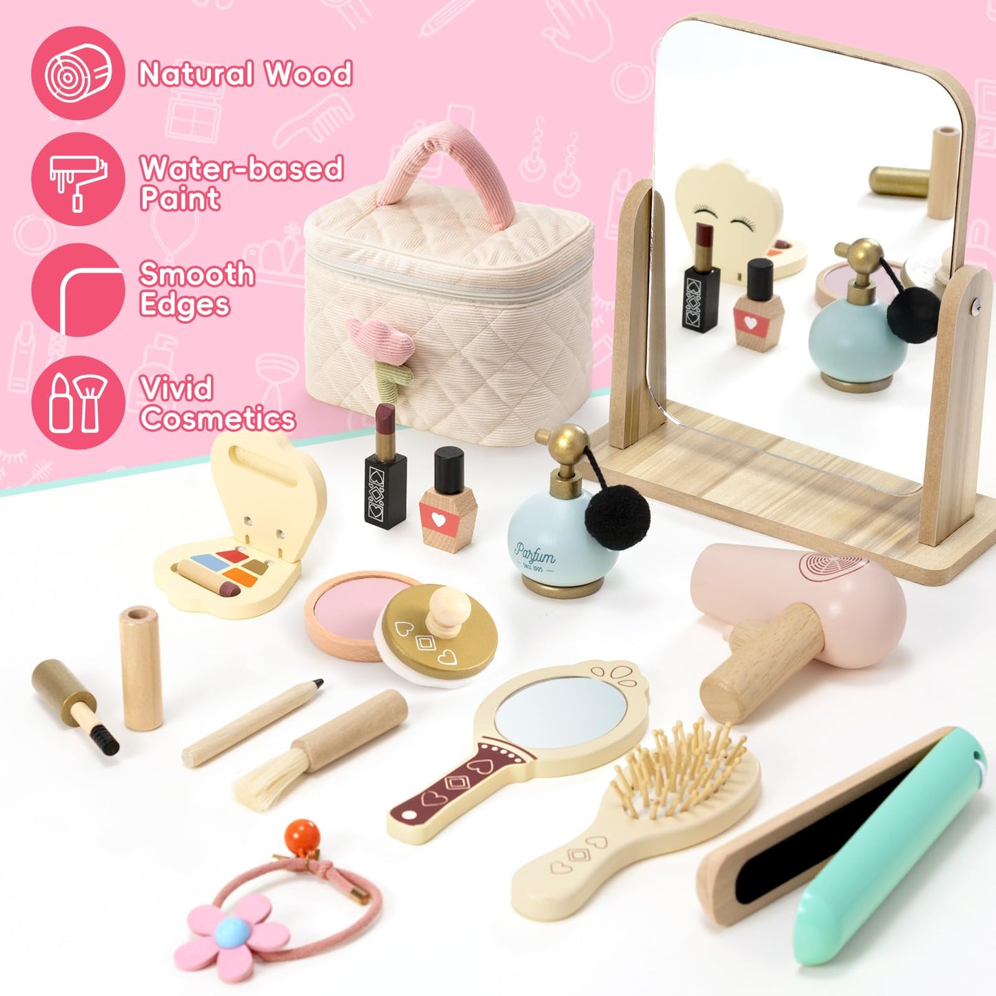 Atoylink Wooden Makeup Toy Set - 15-Piece Pretend Play Hair Salon Kit for Girls