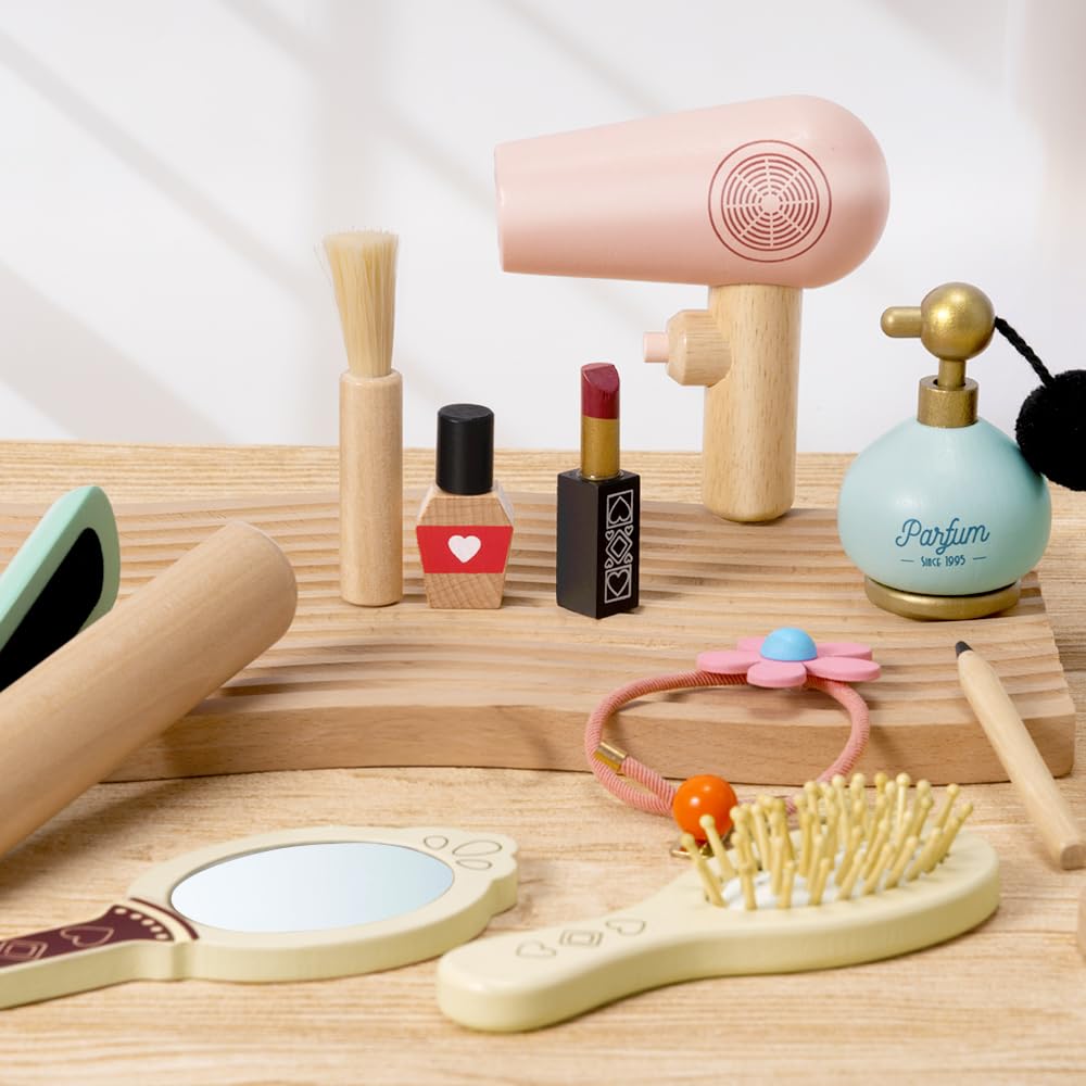 Atoylink Wooden Makeup Toy Set - 15-Piece Pretend Play Hair Salon Kit for Girls
