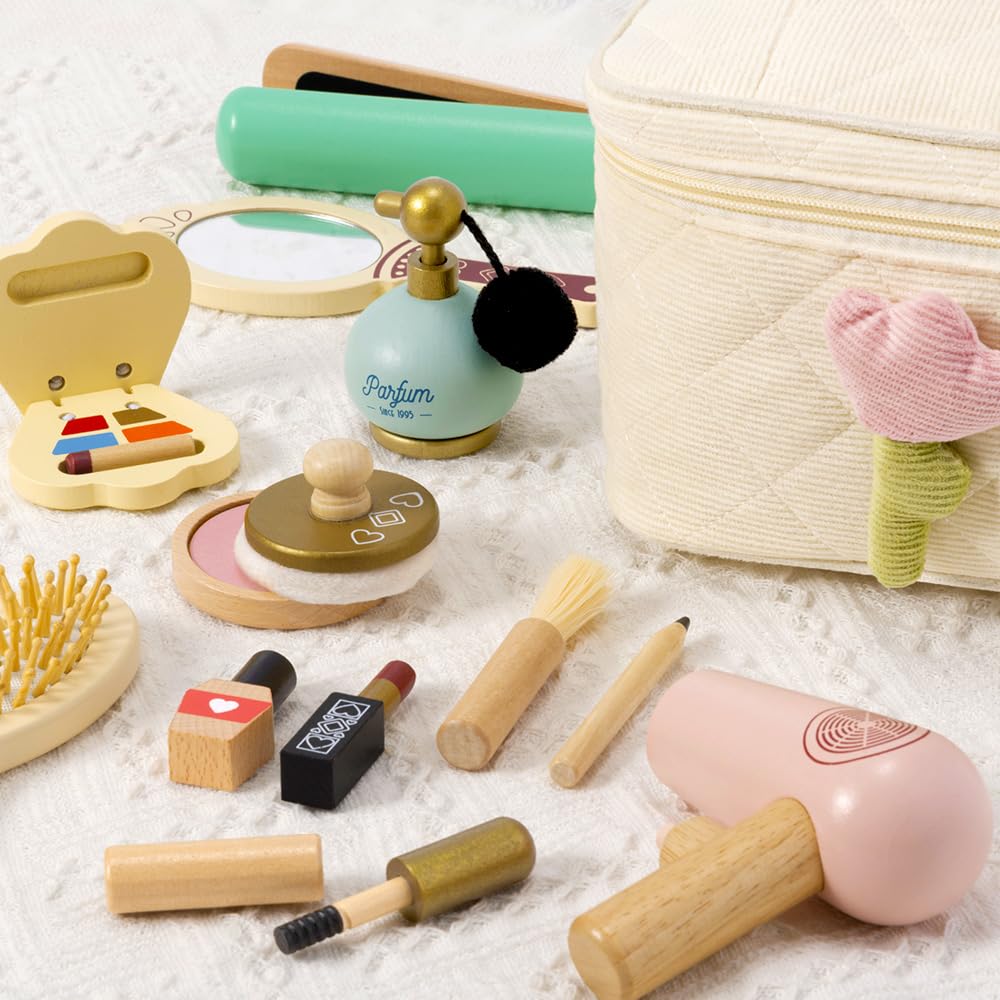 Atoylink Wooden Makeup Toy Set - 15-Piece Pretend Play Hair Salon Kit for Girls