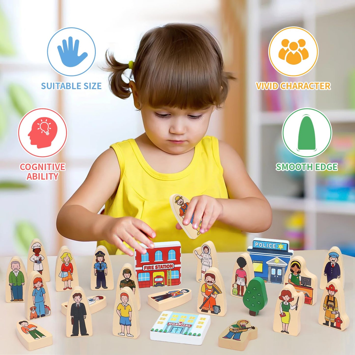 Atoylink 36Pcs Wooden Community Helpers – Pretend Play Toys for Kids Aged 3-6
