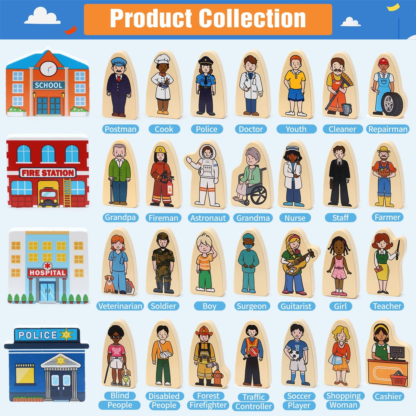 Atoylink 36Pcs Wooden Community Helpers – Pretend Play Toys for Kids Aged 3-6