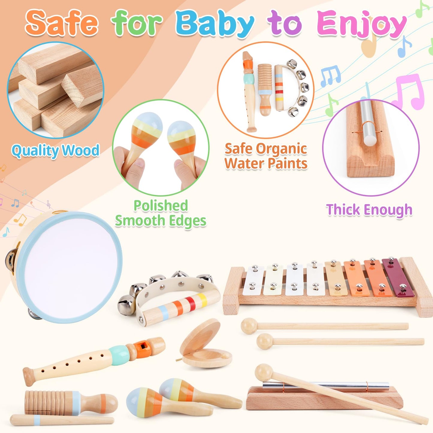 ATOYUS Wooden Toddler Musical Instruments Set — Montessori Percussion Toys for 18+ Months