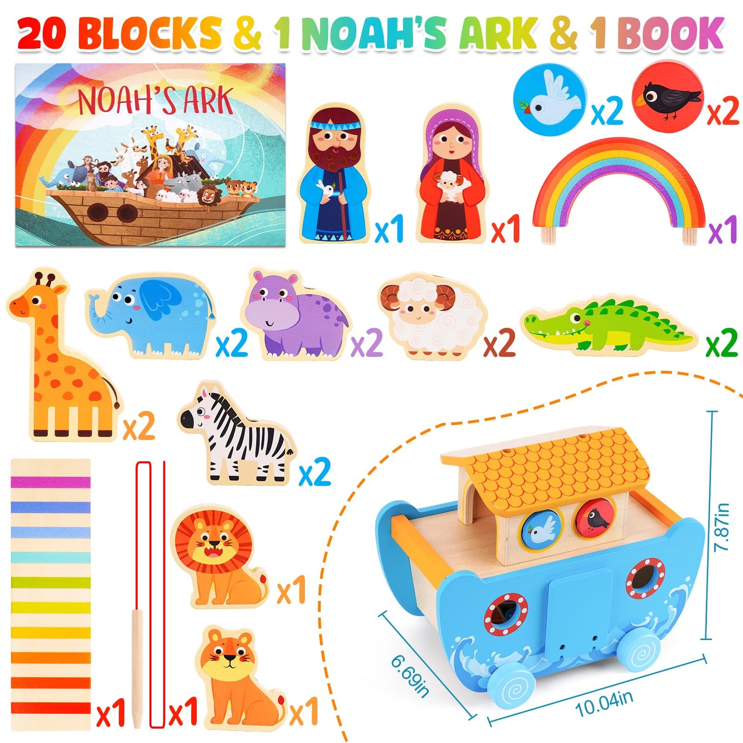 ATOYUS Noah's Ark Wooden Toy Set for Toddlers — Montessori Shape Sorters & Bible Story Book