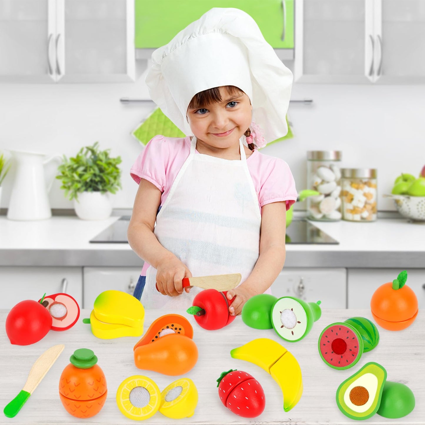 ATOYUS Wooden Play Food Set – Pretend Kitchen Toys for Toddlers 1-3 with 12 Fruit Pieces and Storage Boxes