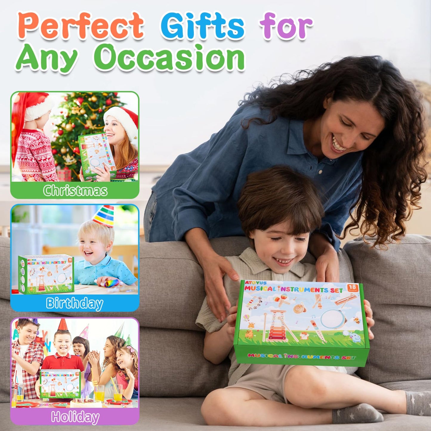 ATOYUS Wooden Toddler Musical Instruments Set — Montessori Percussion Toys for 18+ Months