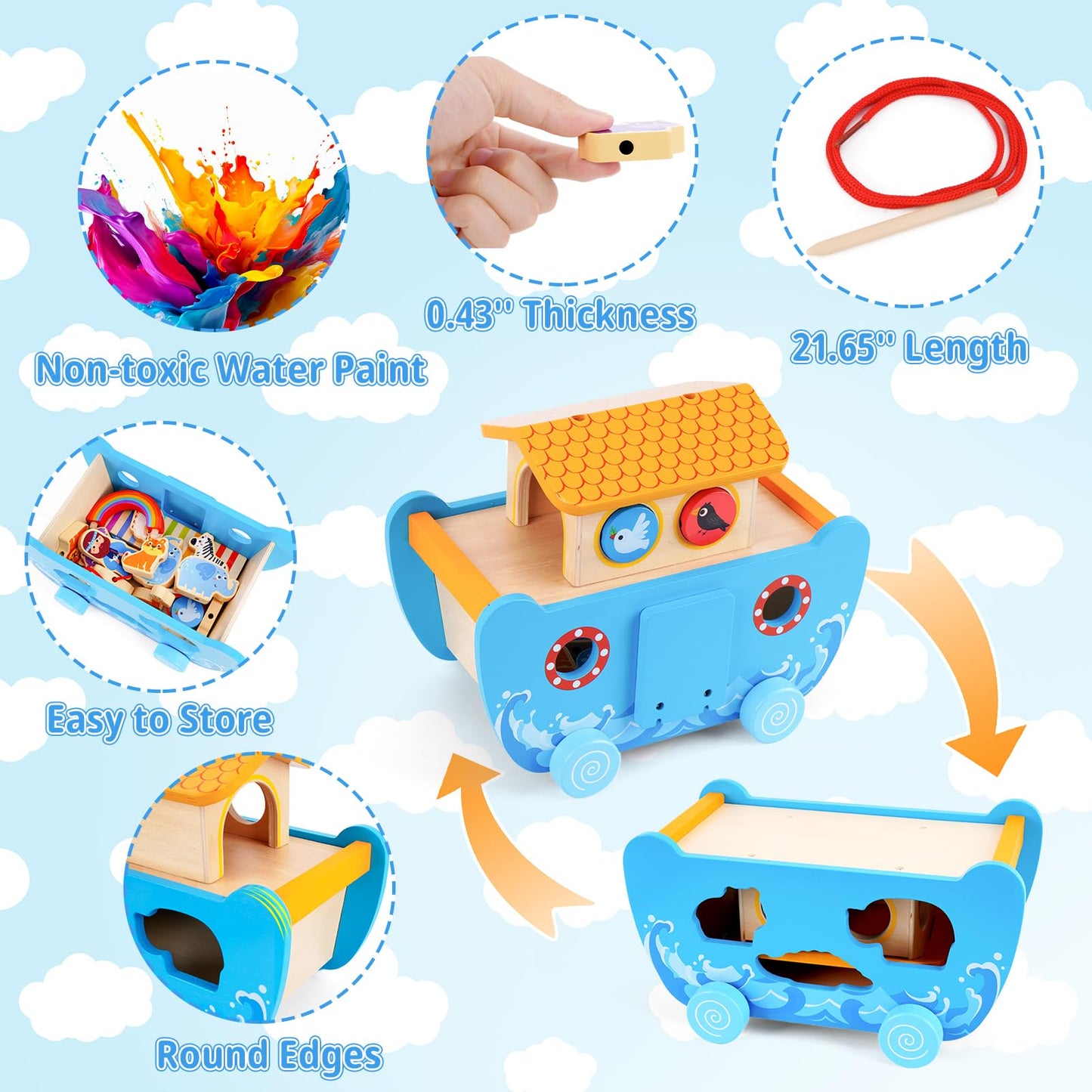 ATOYUS Noah's Ark Wooden Toy Set for Toddlers — Montessori Shape Sorters & Bible Story Book