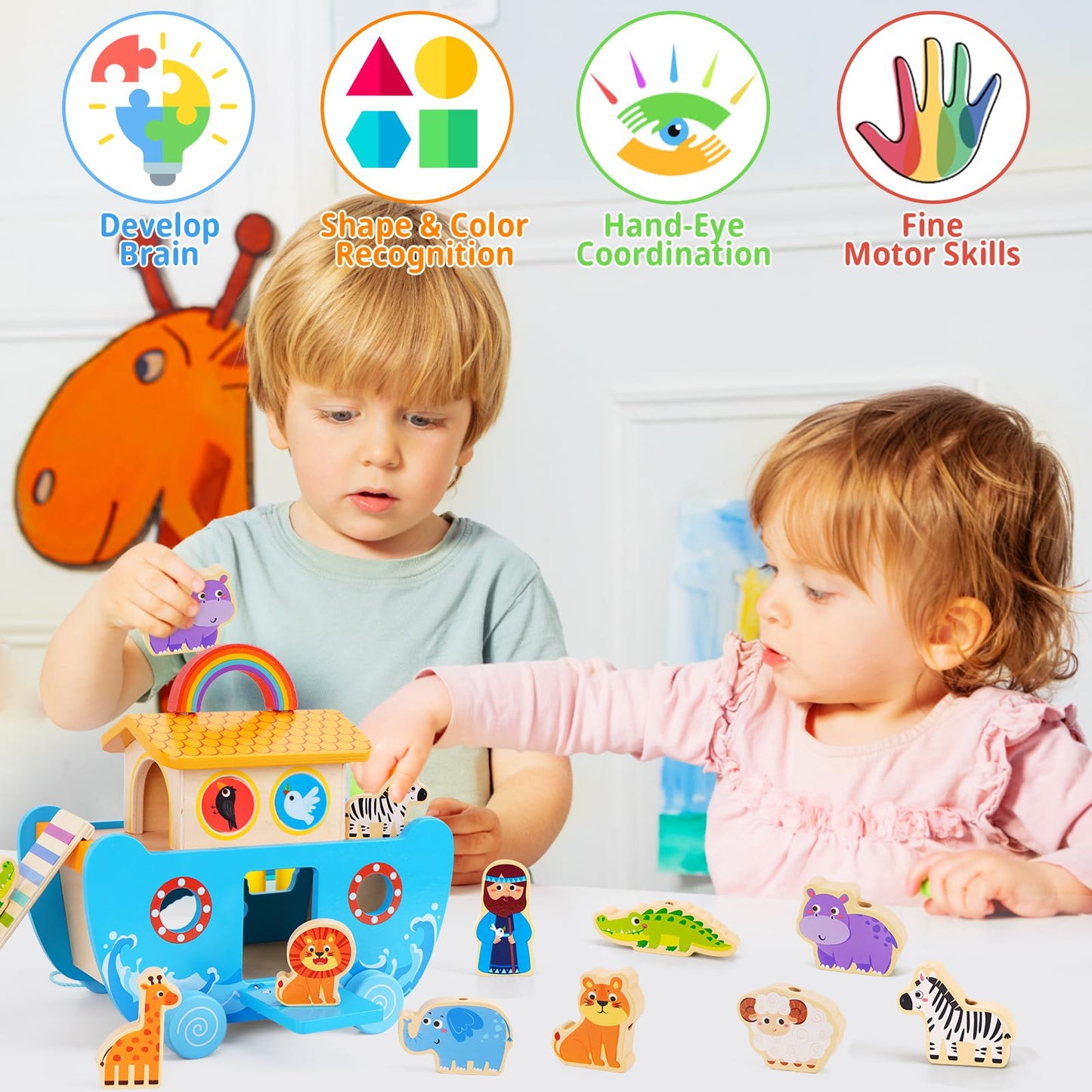 ATOYUS Noah's Ark Wooden Toy Set for Toddlers — Montessori Shape Sorters & Bible Story Book
