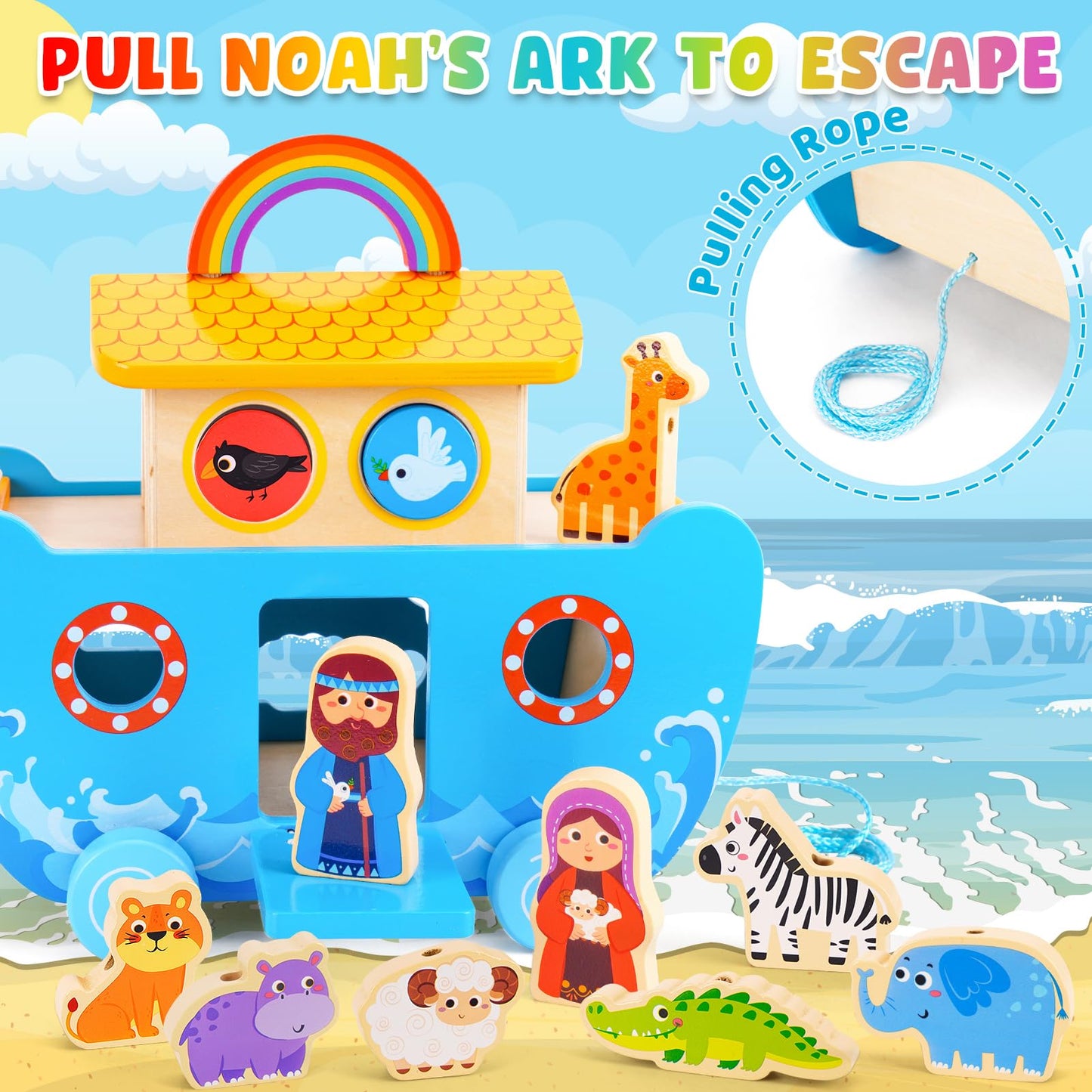ATOYUS Noah's Ark Wooden Toy Set for Toddlers — Montessori Shape Sorters & Bible Story Book