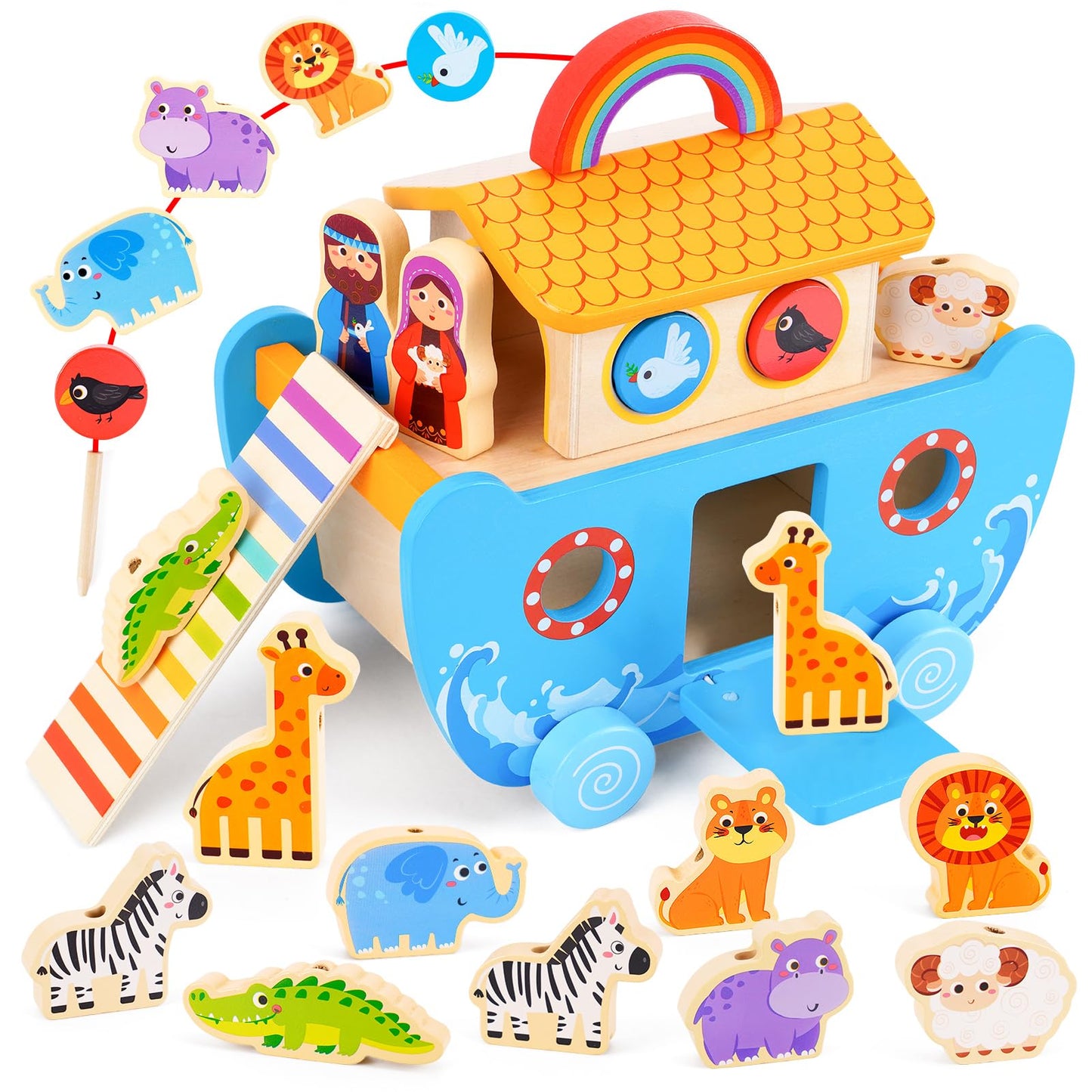 ATOYUS Noah's Ark Wooden Toy Set for Toddlers — Montessori Shape Sorters & Bible Story Book