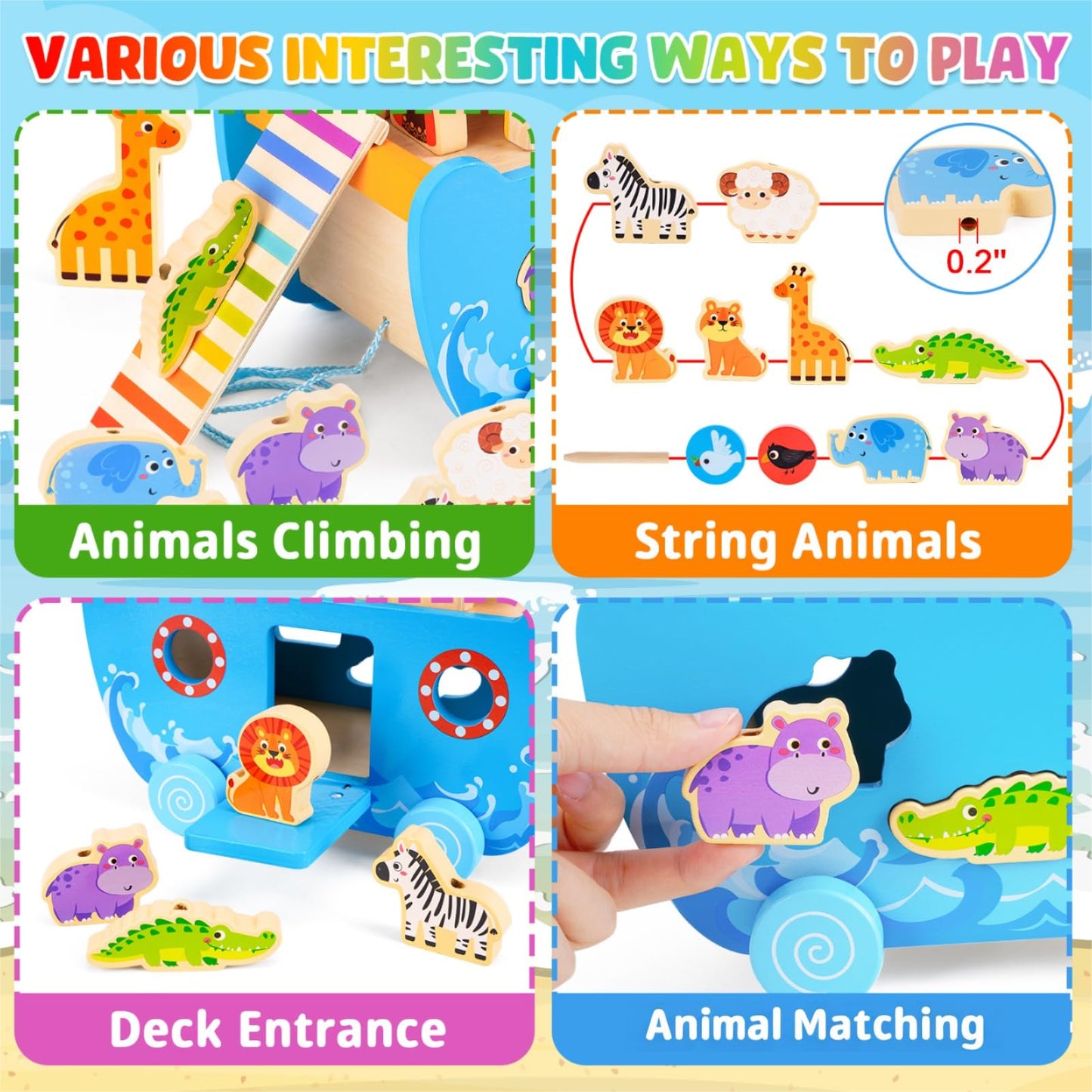 ATOYUS Noah's Ark Wooden Toy Set for Toddlers — Montessori Shape Sorters & Bible Story Book