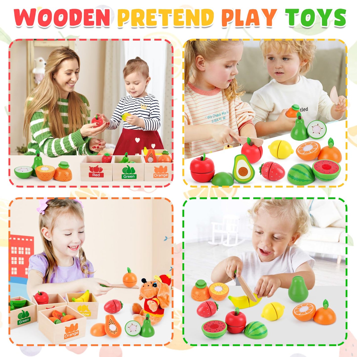ATOYUS Wooden Play Food Set – Pretend Kitchen Toys for Toddlers 1-3 with 12 Fruit Pieces and Storage Boxes