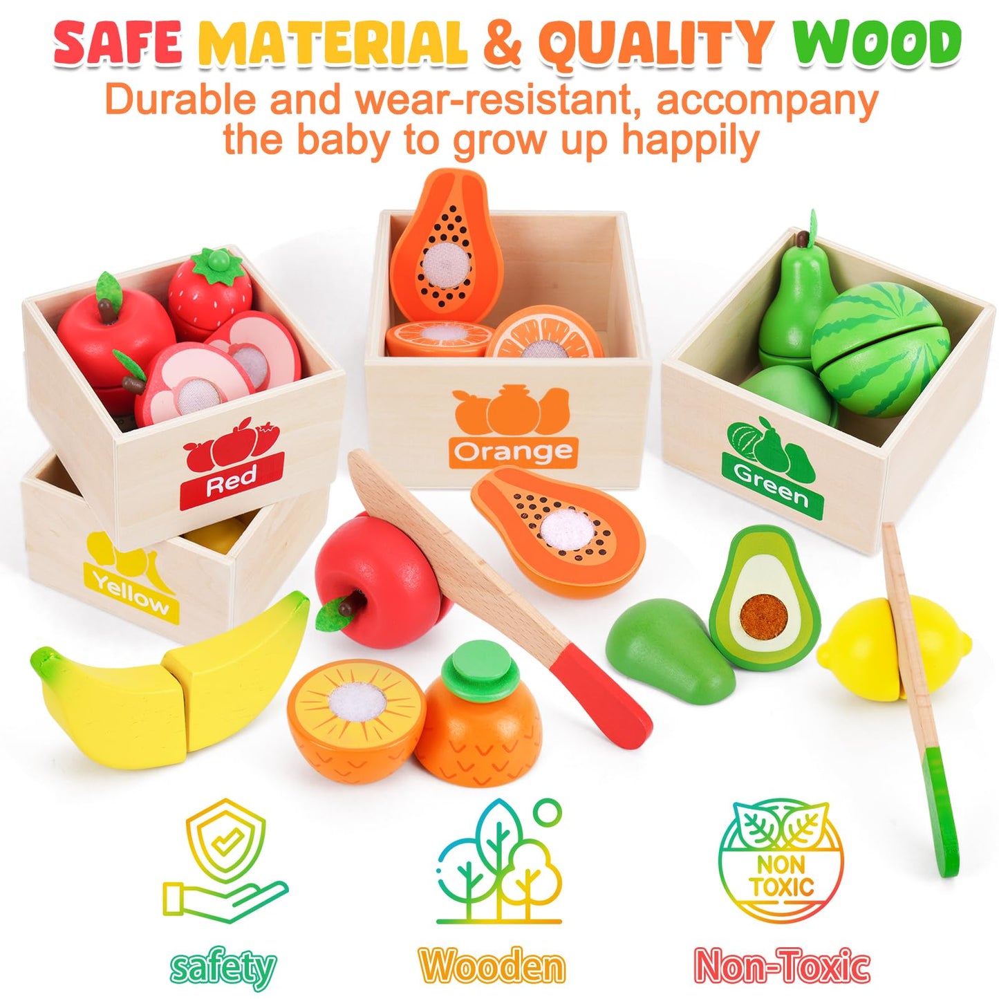 ATOYUS Wooden Play Food Set – Pretend Kitchen Toys for Toddlers 1-3 with 12 Fruit Pieces and Storage Boxes